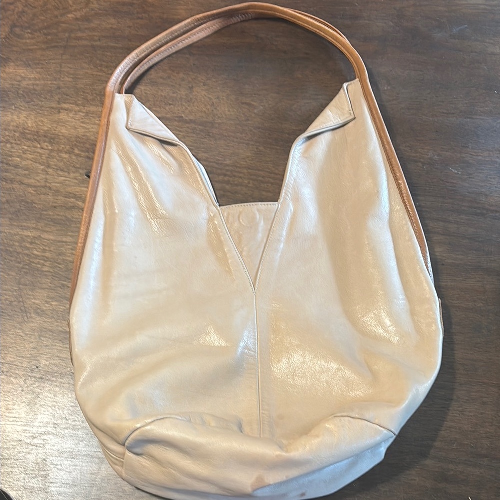 Leather Hobo Shoulder Bag in Beige